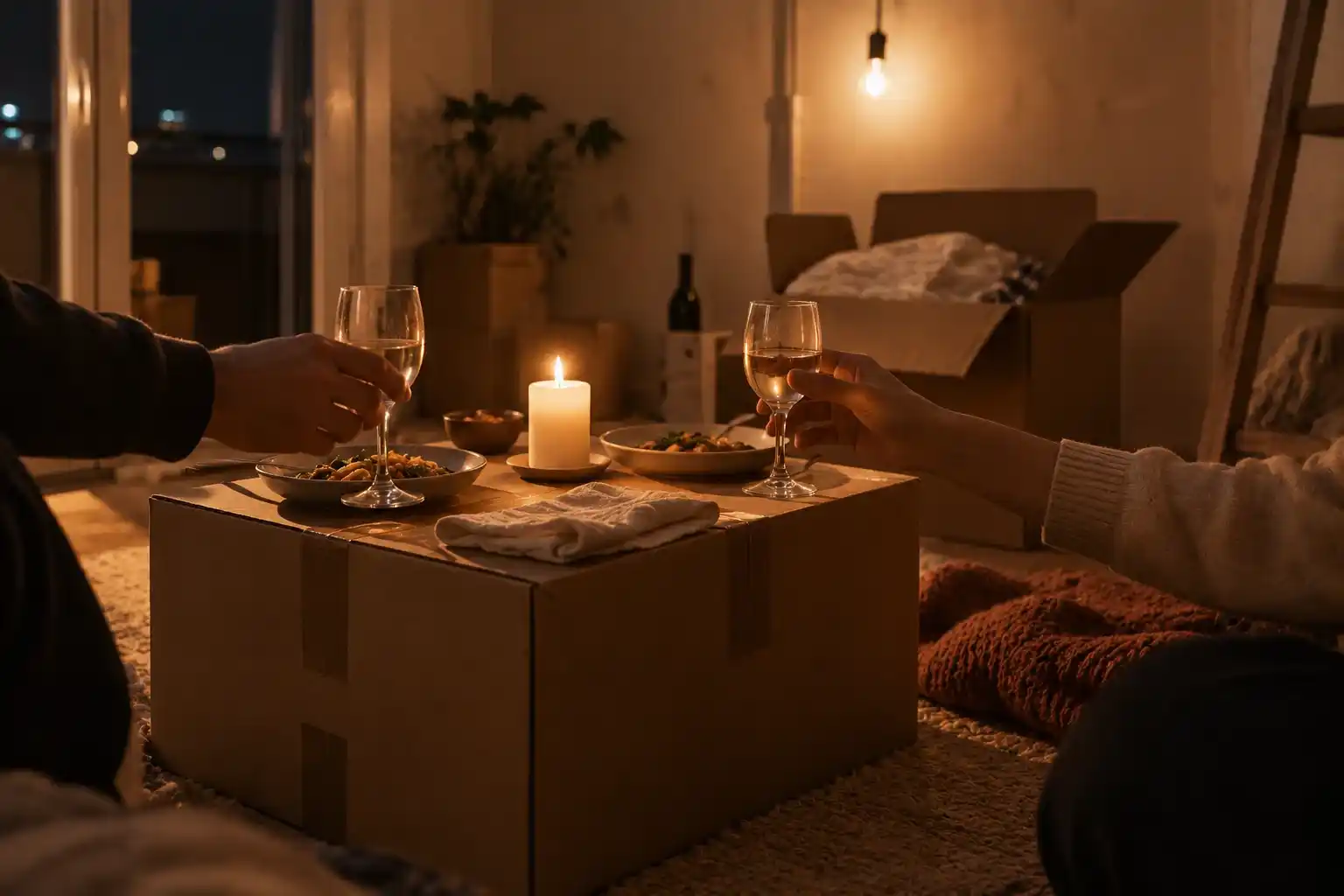 Juntar dos casas en una. El día más bonito y el peor organizado 4 Primera noche en la casa nueva: dos platos y una vela sobre una caja sin abrir