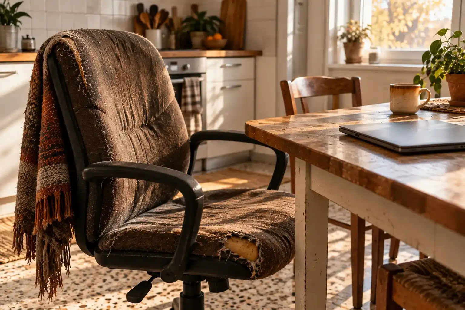Cambiar de trabajo y de ciudad. La mudanza que se decide en la cocina, a las once de la noche 4 Silla de oficina propia frente a la mesa de una cocina alquilada