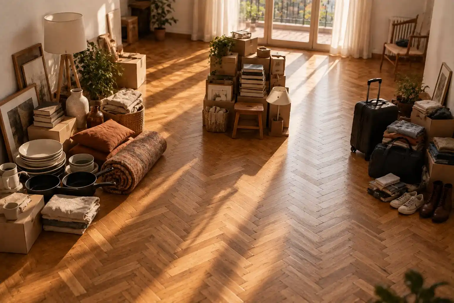 Juntar dos casas en una. El día más bonito y el peor organizado 3 Juntar dos casas en una: tres grupos de cosas separados en el suelo del salón, lo que se queda, lo que se guarda y lo que se suelta